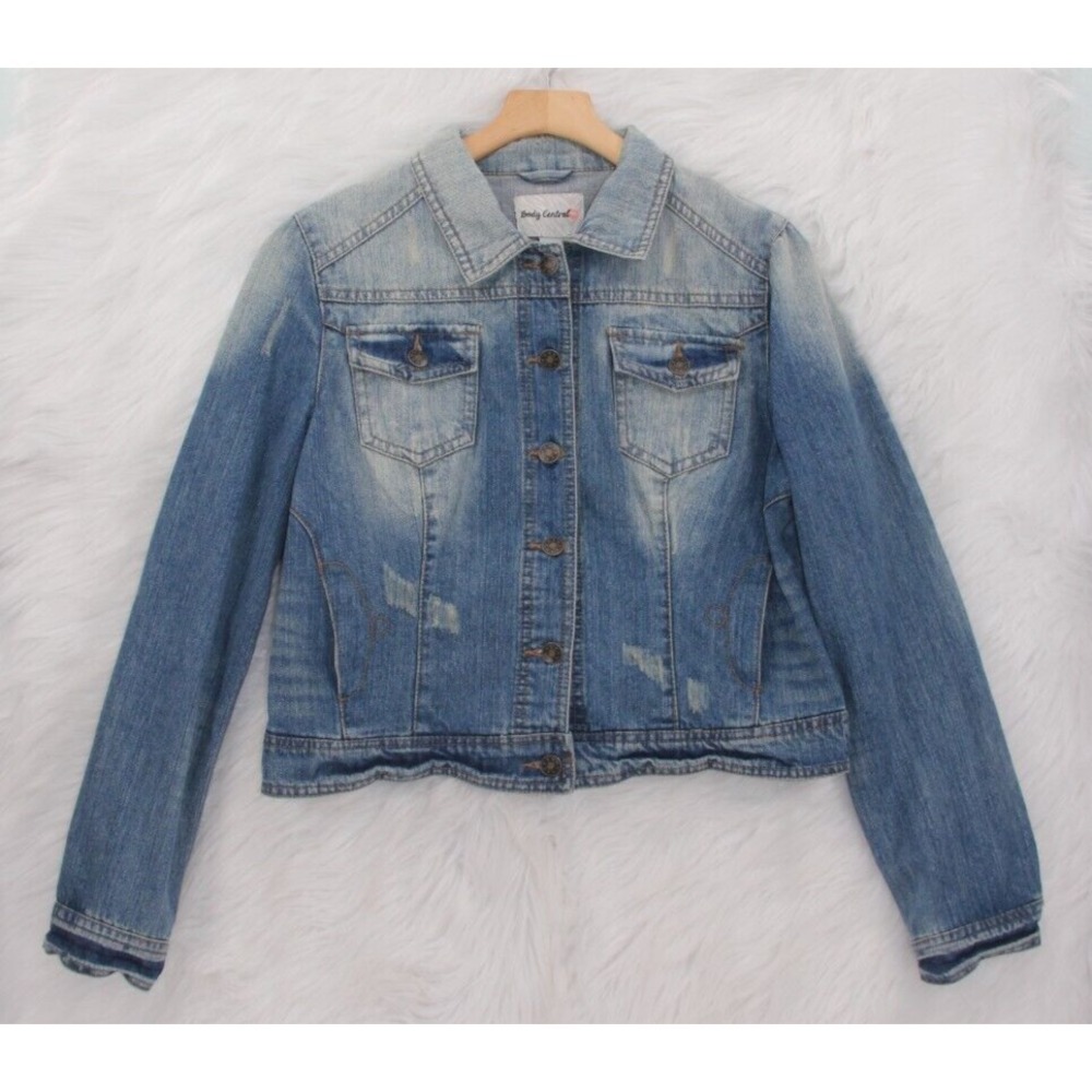 Body Central Denim Jean Jacket Womens XL Blue Distressed Juniors NWT Y2K #1348